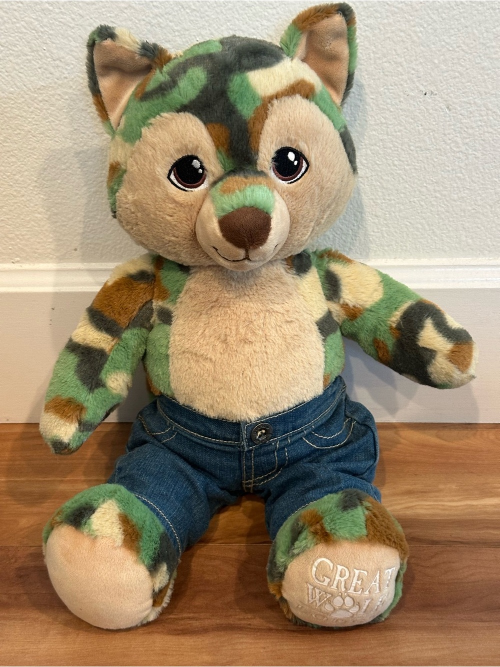 Build-A-Bear Great Wolf Lodge Camo Wolf Plush Denim Outfit Stuffed Animal 16”